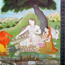 Hellig familie på Burning Ground, der viser Shiva, Parvati og Ganesh, 1800-tallet
