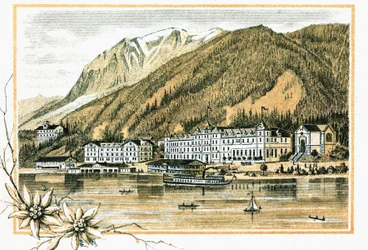 Hotel Scholastika langs Achensee Achen Tyrol Østrig omkring 1900