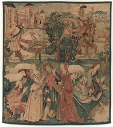 Jagt og pastorale scener, med en grinende mand mellem damer, ca. 1510.