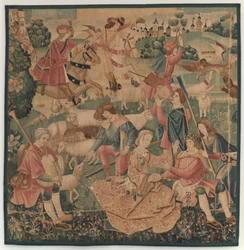 Jagt og pastorale scener, med en kranset helt mellem damer, ca. 1510.
