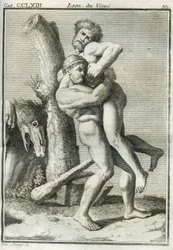 Den florentinske maler bruger billedet af Herkules (herakles), der holder Antaeus i en dødelig omfavnelse, som ikke længere er uovervindelig, når den er hævet fra jorden, til at studere den menneskelige figur, mens han understøtter en vægt. Gravering fra "