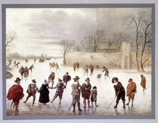 Illustration af folk, der spiller golf på frosset vand, c1700-tallet