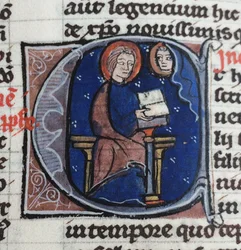 Jeg læser Abelards og Heloises breve. Fra Bible moralisée, 1200-tallet