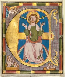 Initial E fra en kommunelovbog: Den sidste dom, ca. 1330.