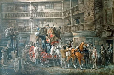 Krogård med postvogn, der forbereder sig på at tage af sted, c1840