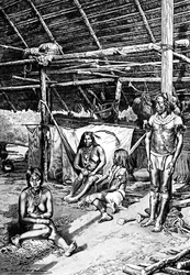 Inde i en Ticuna-hytte, Sydamerika, 1895