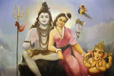 Jalaram Pratna Hindu Temple, Leicester. Fresco deponerer Shiva, Parvati og Ganesh. Det Forenede Kongerige