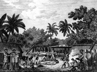 James Cook, engelsk navigatør, overværede menneskeofring i Taihiti Otaheite c1773 1815