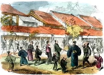 Japansk spil med batteldore og fjerbold i Yokohamas gader, 1865
