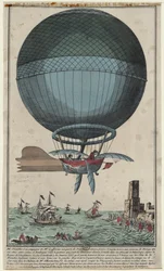 Jean Pierre Blanchard og John Jefferies ankommer til Calais efter at have krydset Den Engelske Kanal i en luftballon, 1785