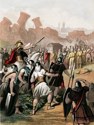 Joshua opfordrer sin hær uden for Jerikos mure, ca. 1860