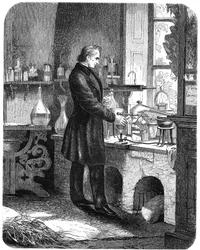 Justus von Liebig, tysk kemiker, på arbejde i sit laboratorium, midten af det 19. århundrede c1885