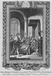 Kong Henrik den Anden serverer den første ret til sin søns bord, c1787