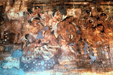 Kong Mahajanaka lytter til dronning Vivali, Ajanta hule fresco, Indien, 1.-5. århundrede e.Kr.