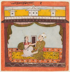 Konge og Dronning i Zenana: Sandehi Ragini, Hustru af Bhairava..., c1690-95.