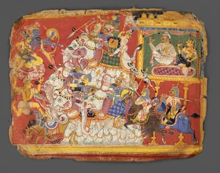 Krishna kæmper mod dæmonens hære Naraka: Side fra et Bhagavata Purana-manuskript, ca. 1540.
