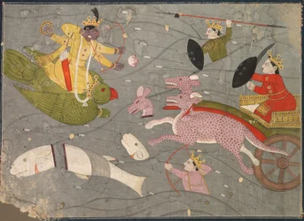 Krishna Fighting Vanasuras Sons: Scene fra Aniruddha Usha-sektionen af Krishna Lila, ca. 1840.