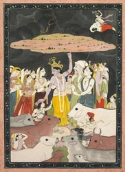 Krishna løfter Govardhana-bjerget, ca. 1780-1790.