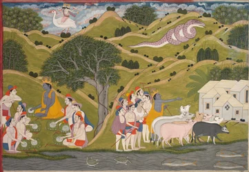 Krishna vender tilbage med kohyrderne til Braj, fra en Bhagavata Purana, ca. 1830.