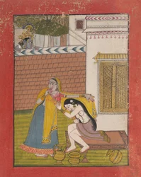 Krishna spionerer på Radha, ca. 1780-90.