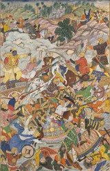 Krishna og Balarama kæmper mod fjenden, folio fra en Harivamsa The Legend of Hari..., c1590-95.