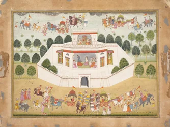 Krishna og Balarama i et muret palads: Side fra en spredt Bhagavata Purana..., ca. 1700.