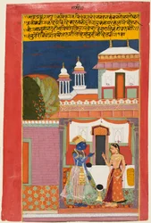 Krishna og Radha skændes, fra en Rasikapriya, ca. 1680.