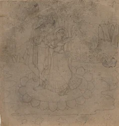 Krishna og Radha står på en lotus, slutningen af det 19.-begyndelsen af det 20. århundrede.