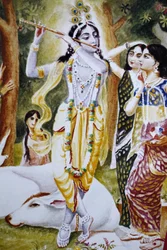 Krishna and the Gopi som afbildet på en Hare Krishna-kalender, Londres, Grande-Bretagne