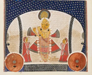 Krishna som Shrinathji, der spiller fløjte, tidligt i det 20. århundrede