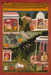 Krishna som dæmonernes ødelægger, side fra Surdass Sursagar, ca. 1700.