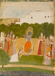 Krishna ved siden af en flod, der spiller på fløjte, c1720