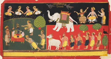 Krishna æret af Indra, der ankommer på en hvid elefant, c1720