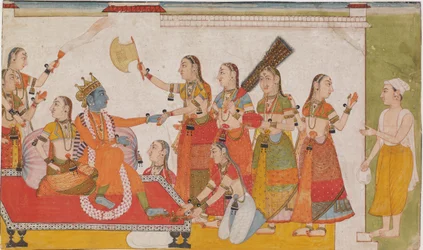 Krishna byder Sudama velkommen, fra Bhagavata Purna, ca. 1700.
