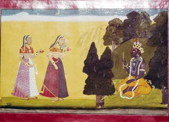 Krishna med fløjte, opsøgt af to damer