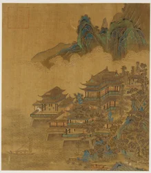 Landskab: et palads mellem sø og bjerge, Ming- eller Qing-dynastiet, 1600-tallet.