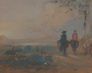 Landskab med sø og ridning af to figurer, ca. 1820.