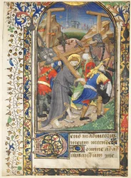 Blad udskåret fra Tarleton-timerne: Kristus bærer korset Terce, Jomfruens kontor, ca. 14