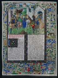 Blad fra Jehan de Courcys Universal Chronicle: Kong Priam møder Helen og Paris..., ca. 1470.