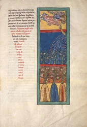 Blad fra et Beatus-manuskript: Den første engel lyder trompeten..., ca. 1180.