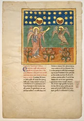 Blad fra et Beatus-manuskript: den fjerde engel lyder trompeten og en ørn..., ca. 1180.