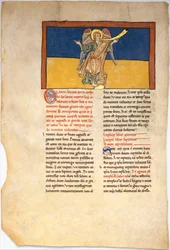 Blad fra et Beatus-manuskript: den syvende engel forkynder Herrens regering, ca. 1180.