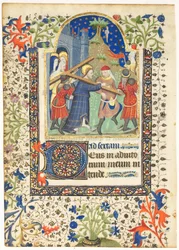 Blad fra en timebog: Kristus bærer korset Sext, Korsets timer, ca. 1410-1420.