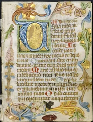 Blad fra en timebog: Initial V med blomsterkant, ca. 1460-1500.
