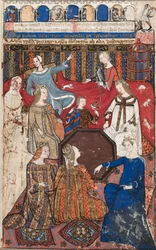 Blad fra en Cocharelli Treatise on the Vices: Accidia and Her Court, ca. 1330-40.
