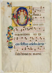 Blad fra en gradual med historisk begyndelses-G: Mary som himlens dronning, ca. 1425-1450.