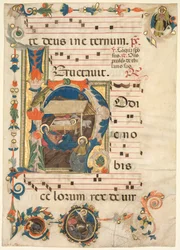 Blad fra et antifonarium med historisk initial H med Fødselen recto og musik verso.