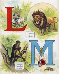 Bogstav L og M: lam og løve, makak, ærme og musette. Indgravering i "ABC L