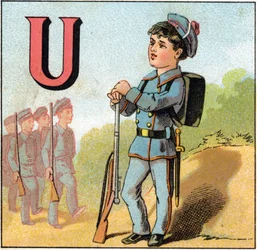 Bogstav U som uniform. Skoledreng i militærdragt med en riffel. Indgravering i "Alphabet des petits ecoliers". Billeddannelse af Epinal, ca. 1885. Privee Collection