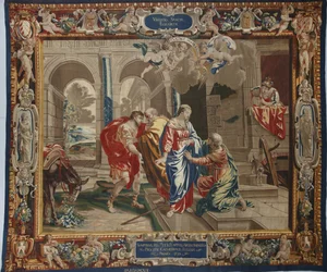 Jomfruens liv: "The Visitation"" Marias besøg hos Elisabeth, Joseph og Zacharie bag dem - Uld og silketæppe lavet i Pierre Damours værksted efter Charles Poersons tegninger (1609-1667)